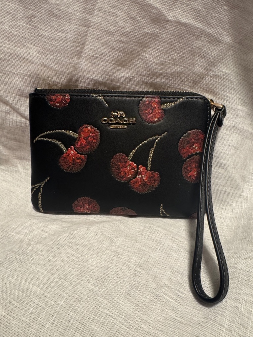 Coach Black Cherry Wristlet - Black with Red Cherry Print